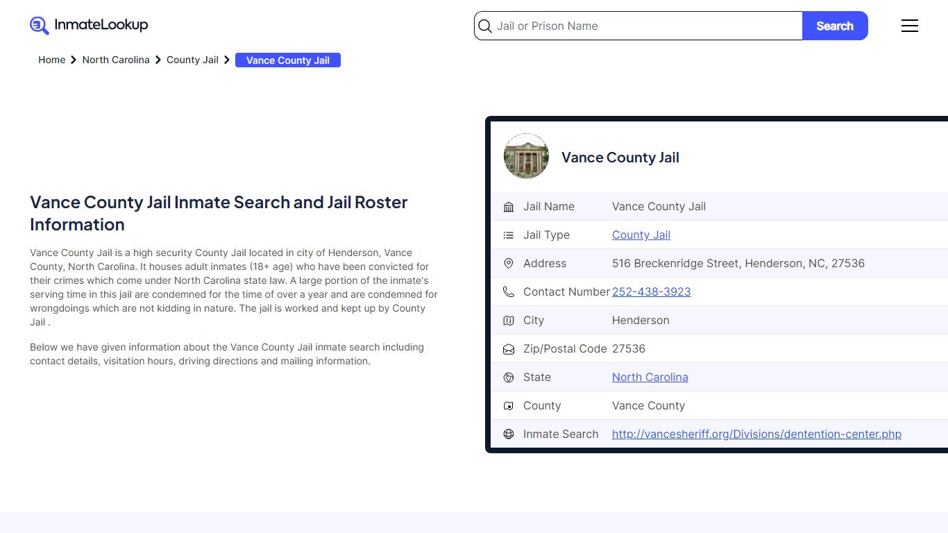 Vance County Jail Inmate Search and Jail Roster Information