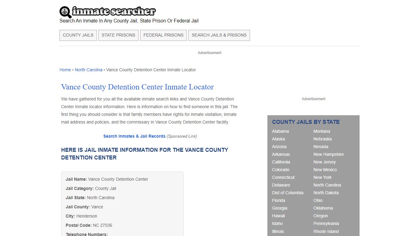 Vance County Detention Center Inmate Locator - Inmate Searcher